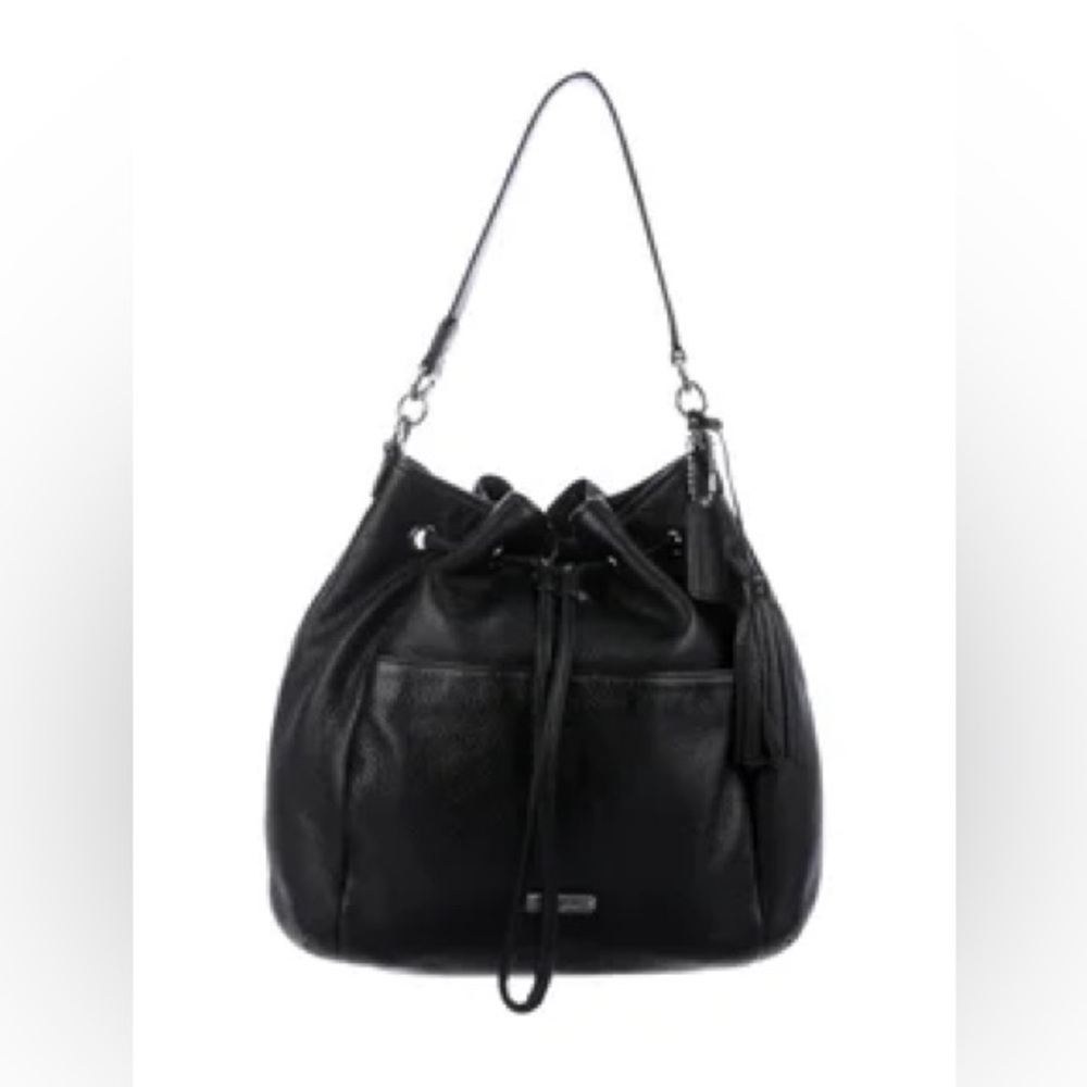 COACH Avery Pebbled Leather Drawstring Hobo Bucket Bag F27003, Black